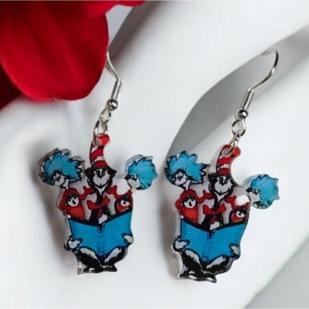Dr. Seuss Cat in the Hat Earrings Thing 1 Thing 2 Teachers Carnival Cruise Fan